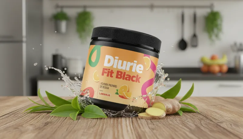 Frasco do suplemento natural Diuriefit Black sobre mesa com ingredientes naturais.