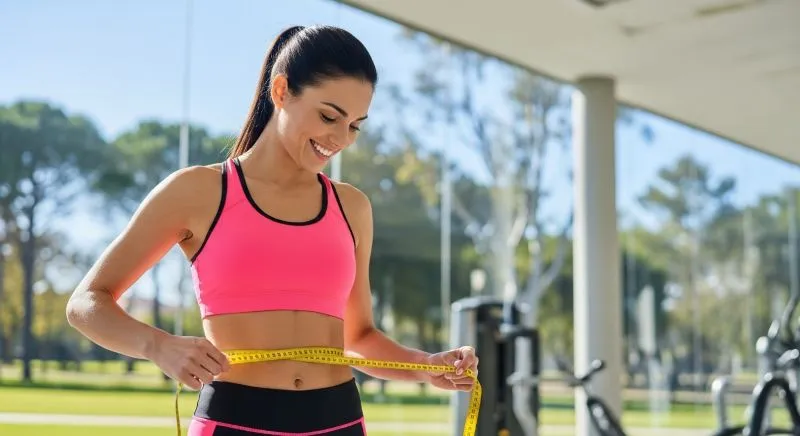 Mulher sorrindo medindo a cintura com fita métrica após usar Diuriefit Black.