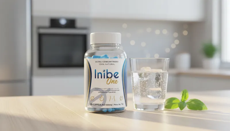 Frasco do suplemento Inibe One sobre mesa com copo de água.