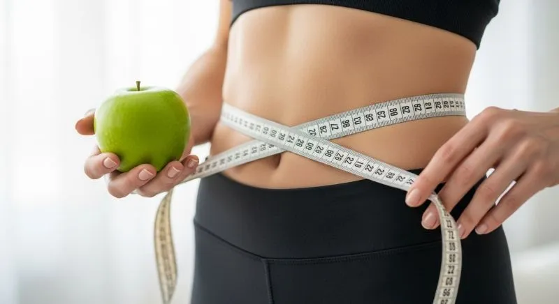 Fita métrica folgada na cintura simbolizando perda de medidas.