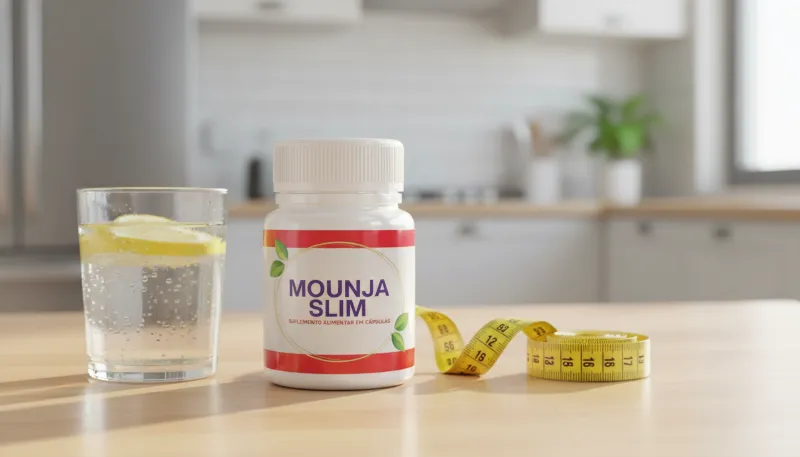 Frasco do suplemento natural Mounja Slim sobre mesa com fita métrica e água.