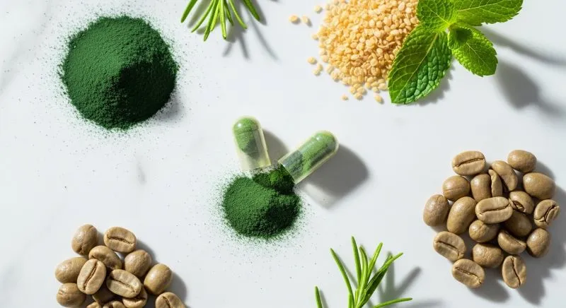 Composição natural de suplementos emagrecedores com ervas e cápsulas.