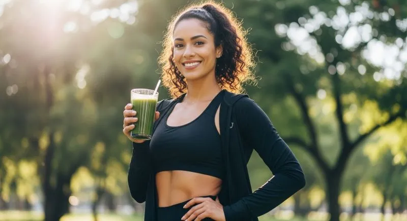 Mulher feliz e saudável praticando exercícios ao ar livre.