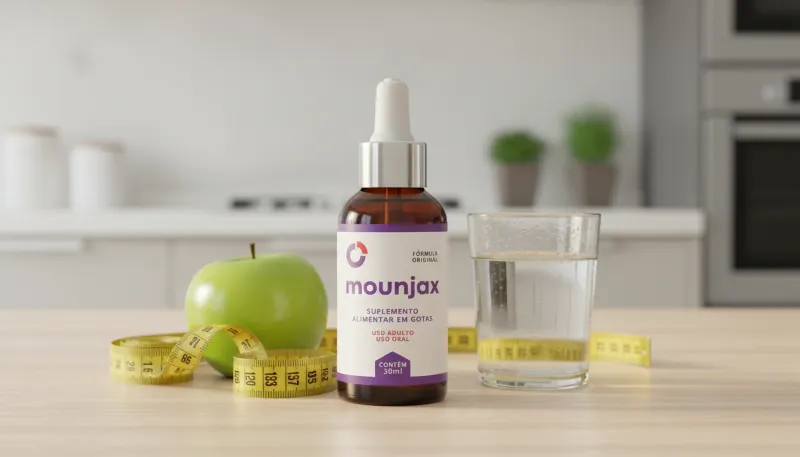 Frasco de suplemento natural Mounjax sobre mesa com fita métrica.