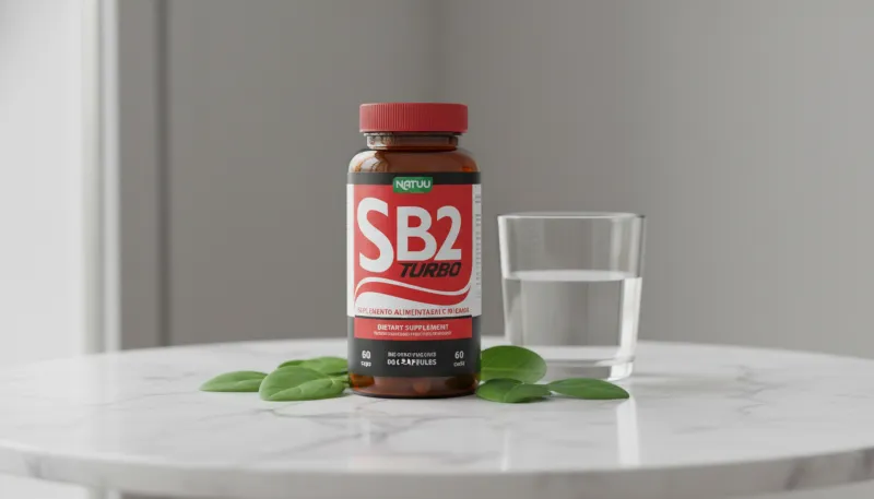 Frasco do suplemento natural SB2 Turbo sobre mesa de mármore com copo d'água.