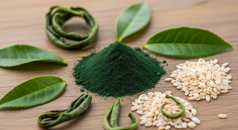 Composição de ingredientes naturais como ervas e fibras usados em suplementos.