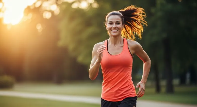 Mulher feliz correndo no parque representando saúde e energia