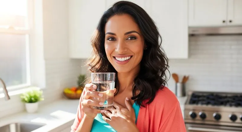 Mulher saudável segurando copo de água na cozinha.