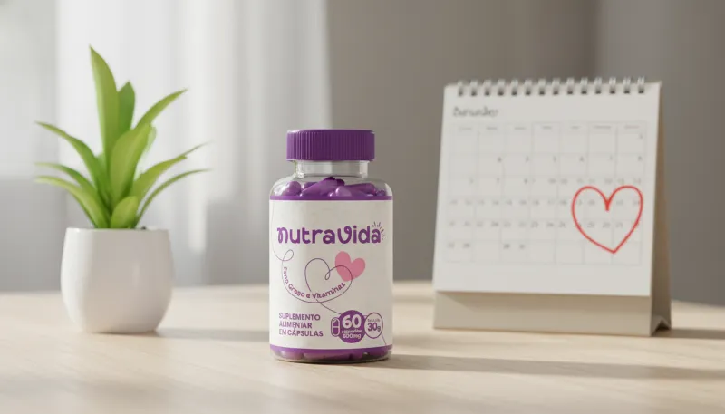 Frasco de Nutra Vida sobre mesa de madeira ao lado de calendário.